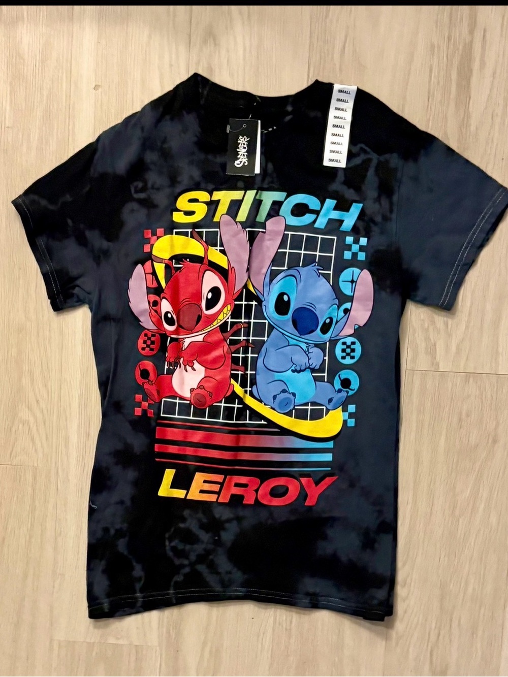 Spencer's Black Tie-Dye Stitch & Leroy Graphic Tee with Red & Blue Characters